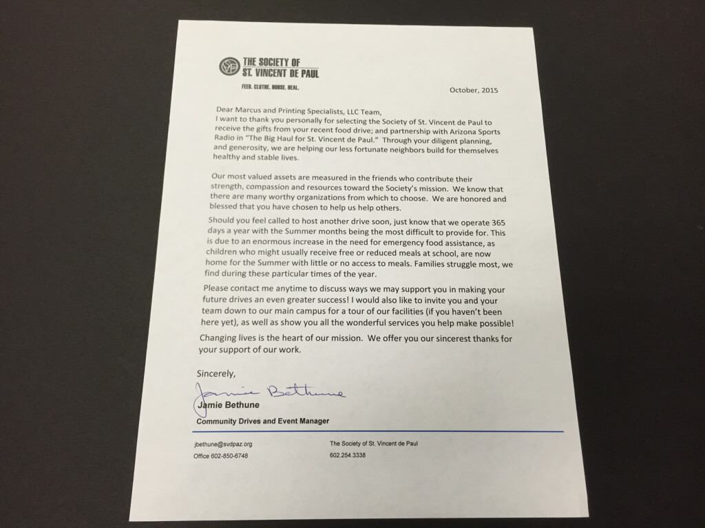 Letter from St. Vincent De Paul received October 2015.
